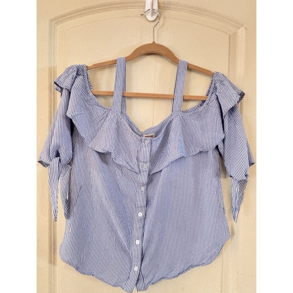 Mossimo Womens XL Blue White Pin Stripe Off Shoulder Top Country Festival Button